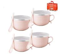Generico 2026 New Set of 4 25-Oz Mug Meals W/Lid-Its, 25 Oz Mug Meals with Lids & Handles Spoon, Round Holiday Meal Mugs for Coffee Soup Stew (4*Pink)