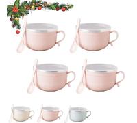 Generico 2026 New Set of (4) 25-Oz Mug Meals W/Lid-Its, 25 Oz Mug Meals with Lids, Meal Mugs with Lid, Round Holiday Meal Mugs with Handles Spoon, for Coffee, Soups, Stews (Pink,4pcs)