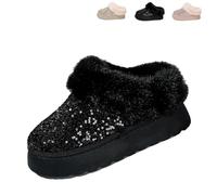 Generico 2026 New Women's Platform Glitter Sequin Flat Slippers Winter Snow Boots Fuzzy Fluffy Lined Slippers And Outdoor Comfy Warm (Black,42)