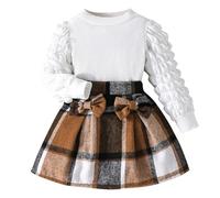 Generico 2026 Set Due Pezzi per Bambine con Top a Coste Maniche a Sbuffo Stampa Scozzese Fiocco e Gonna Svasata Abbigliamento Casual Elegante per Piccole Principesse