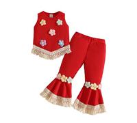 Generico 2026 Set per Bambine con Canottiera Floreale a Frange e Pantaloni a Estivi (Red, 2-3 Years)