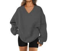 Generico 2026 Womens Sweatshirt Oversized V Neck Fleece Pullover Sweaters Cute Y2K Casual Comfy Fall Fashion Long Sleeve Tops (Dark Gray,M)