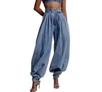 Generico 2026 Women's Y2k Baggy Harem Jeans Boyfriend Wide Leg Balloon Jeans Zip Up Pleated Denim Tapered Leg Trousers Pants (Blue,L)