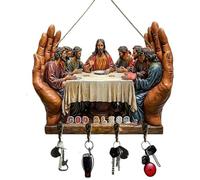 Generico 2D Flat Jesus Communion Wall Art Keychain Holder with 4 Hooks, Christian Autumn Wall Mounted Key Rack, Wooden Multifunctional Home Key Holder for Housewarming Gift,Friends,Family