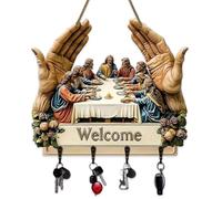 Generico 2D Flat Jesus Communion Wall Art Keychain Holder with 4 Hooks, Christian Autumn Wall Mounted Key Rack, Wooden Multifunctional Home Key Holder for Housewarming Gift,Friends,Family