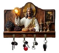 Generico 2D Flat Jesus Communion Wall Art Keychain Holder with 4 Hooks, Christian Autumn Wall Mounted Key Rack, Wooden Multifunctional Home Key Holder for Housewarming Gift,Friends,Family