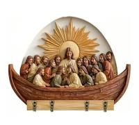 Generico 2D Flat Jesus Communion Wall Art Keychain Holder with 4 Hooks, Christian Autumn Wall Mounted Key Rack, Wooden Multifunctional Home Key Holder for Housewarming Gifts,Friends,Family