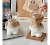 Generico 2pcs Cute Bear Glass Cups With Straws, Bear Glass Tumblers, Iced Coffee Cups, Christmas Birthday Gift For Women Friends