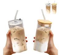 Generico 2Pcs Square Glass Cup with Lids and Straws, Portable Drinking Clear Tumblers 400ml/14oz, Heat Resistant Transparent Milk Tea Juice Cups Coffee Mug (Mix)