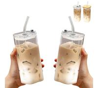 Generico 2Pcs Square Glass Cup with Lids and Straws, Portable Drinking Clear Tumblers 400ml/14oz, Heat Resistant Transparent Milk Tea Juice Cups Coffee Mug (Transparent lid*2Pcs)