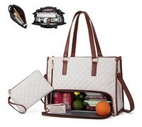 Generico 3 in 1 Quilted Tote Bag-15.6 Inch Tote Bag with Lunch Compartmen with Built-In Insulated Section for Laptop & Meals (White brown)
