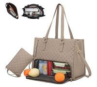 Generico 3 in 1 Quilted Tote Bag-15.6 Inch Tote Bag with Lunch Compartmen with Built-In Insulated Section for Laptop & Meals (Khaki)