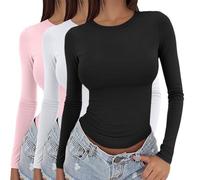 Generico 3-Pack Maglia da T Shirt da Donna a Maniche Lunghe Scollo a V in Cotone vestibilità Slim Fit Elegante Maglia a Coste Elasticizzato Tinta Unita Casual Basic