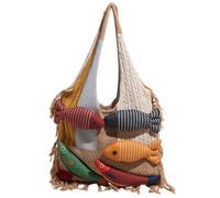 Generico 3D Fish Knitted Fringe Tote Bag,Large Capacity Shoulder Bag with Fish Decoration,Soft Knitted Yarn Patchwork Handbag