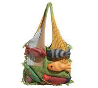 Generico 3D Fish Knitted Fringe Tote Bag,Large Capacity Shoulder Bag with Fish Decoration,Soft Knitted Yarn Patchwork Handbag