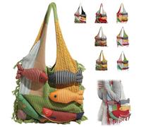 Generico 3D Fish Knitted Tote Bag,Bohemian Fringe Yarn Patchwork Shoulder Bag with Fish Decoration,Women's Cute Cartoon Fishes Handbag (Green)