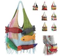 Generico 3D Fish Knitted Tote Bag,Bohemian Fringe Yarn Patchwork Shoulder Bag with Fish Decoration,Women's Cute Cartoon Fishes Handbag (Blue)