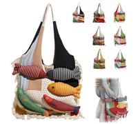 Generico 3D Fish Knitted Tote Bag,Bohemian Fringe Yarn Patchwork Shoulder Bag with Fish Decoration,Women's Cute Cartoon Fishes Handbag (White)