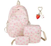 Generico 3Pcs Set Bow Backpack for Girls, Large Capacity Nylon Rucksack Cute Daypack with Bow Pattern (White-pink)