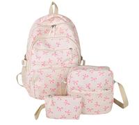 Generico 3pcs Set Bow Backpack for Girls, Nylon Coquette Backpack with Bow Pattern, Cute Comfy, for Everyday Travel, College (Pink)