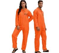 Generico 4pcs Costume da Prigioniero Personalizzabile con Ricamo Numero/Nome, Completo di Accessori (Targa, Cordino, Adesivi), Tuta Intera Arancione per Adulti Halloween e Carnevale (Saffron, S)