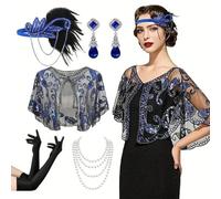 Generico 5 Pezzi Vestiti Anni 20 Costume Accessori Anni 20 Donna Costume Carnevale Donna con Guanti Cerchietto Collana Orecchini Bracciale Scialle per la Festa di Carnevale di Danza