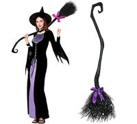 Generico 50.3''H Witch Broom with 3 Colorful Ribbon, Halloween Witch Brooms, Cosplay Props Magic Broom, for Halloween Party (Black)