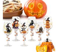 Generico 6 Pack Halloween Stemmed Wine Glass Set - Ghost & Skull Goblets | Set Of 6 Glass Drinkware (7.09x3.15x3.15 Inch Each), Featuring Pumpkin, Skull, Raven, Ghost, Black Cat & Witch Designs