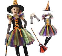 Generico 6 Pezzi Vestito Strega Bambina - Costume Halloween Di Streghetta Vestito Glitter Cappello Bacchetta Magica Con Luci Per Halloween Carnevale