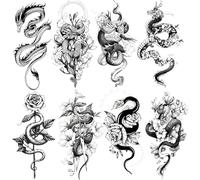 Generico 8 Fogli di Adesivi for Tatuaggi temporanei Impermeabili, a Forma di Drago, for Donne e Uomini, con Serpente e Rosa, for Body Art, Tatuaggi Finti a Forma di Fiore.