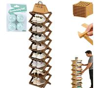 Generico 9 Tier Bamboo Shoe Rack No-Assembly, Foldable Vertical Shoe Storage Organizer, Tall Narrow Free Standing Shoe Shelf for Entryway, Closet & Small Spaces, Space-Saving Accordion Design (Brown)