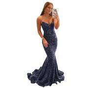 Generico Abiti da Ballo a Sirena con Paillettes Scintillanti e Collo a V Abiti da Sera Formali Lunghi Senza Spalline Abiti da Festa da Donna Navy Blue 9XL