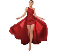 Generico Abiti da Ballo con Paillettes Abito da Cocktail Corto Aderente Monospalla Abiti Lunghi con Strascico in Tulle Staccabile Rosso 7XL