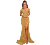 Generico Abiti da Ballo da Donna con Spalle Scoperte Abiti da Damigella d'Onore A Sirena Lunghi Abiti da Sera Formali con Paillettes E Spacco Dark Gold 5XL