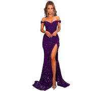 Generico Abiti da Ballo da Donna con Spalle Scoperte Abiti da Damigella d'Onore A Sirena Lunghi Abiti da Sera Formali con Paillettes E Spacco Dark Purple 5XL
