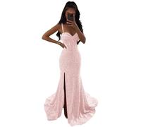 Generico Abiti da Ballo Donna Scintillanti con Scollo a V con Paillettes in Vita Abiti da Sera Formali con Spacco Abiti da Festa Lunghi Pink XS