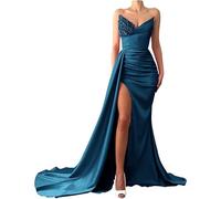 Generico Abiti da Ballo in Satin Abiti da Damigella d'Onore Senza Spalline a Sirena Abito da Sera Lungo con Paillettes e Perline Verde Acqua L