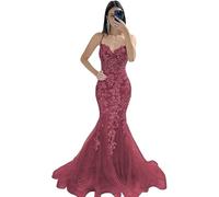 Generico Abiti da Ballo in Tulle Abito Lungo con Applicazioni in Pizzo Scollo a V Abito a Sirena Spalline Sottili Abiti da Sera Formali con Schiena Scoperta Baco da Seta M