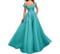 Generico Abiti da Ballo in Tulle Abito Lungo con Spalle Scoperte e Ricami Abiti da Sera Formali con Fiori 3D Blu Acqua 8XL