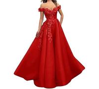 Generico Abiti da Ballo in Tulle Abito Lungo con Spalle Scoperte e Ricami Abiti da Sera Formali con Fiori 3D Rosso 3XL