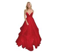Generico Abiti da Ballo in Tulle con Spalle Scoperte E Scollo A V Scintillanti per Donna Lunghi Ed Eleganti Abiti da Sera Formali A Trapezio Red XXS