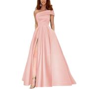 Generico Abiti da Ballo Monospalla da Donna Raso Lungo con Tasche Abito da Sposa Abiti da Sera Formali Abiti da Festa con Fessura Pink 46