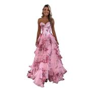 Generico Abiti da Ballo Senza Spalline con Corsetto per Le Donne Lunghi Abiti da Ballo in Chiffon A Strati Abiti da Sera Formali con Spacco Pink White S