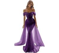 Generico Abiti da Sera in Tulle Scintillante Vestito da Cocktail Lungo a Sirena Fuori Spalla Abito da Ballo Formali in Pizzo con Treno Staccabile Senza Schienale UVA L