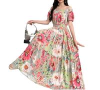 Generico Abiti Estivi per Donne Cotone Seta Fiore Abito a Una Spalla Estate Elastico Vita Abito da Spiaggia Gonna Lunga Bohemian