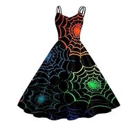 Genérico Abiti Halloween Donna Vestito Audrey Hepburn Senza Maniche Stampa Retro Elegante Corsetto Vita Chiusura Pieghe Costume Vampiro Fantasma Errante Scuro Festa Fata Pieghe Abiti