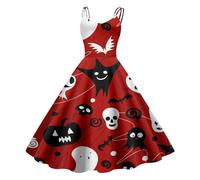 Genérico Abiti Halloween Donna Vestito Audrey Hepburn Senza Maniche Stampa Retro Elegante Corsetto Vita Chiusura Pieghe Costume Vampiro Fantasma Errante Scuro Festa Fata Pieghe Abiti