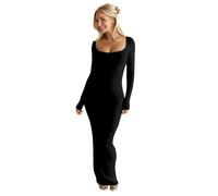 Generico Abiti Lunghi Casual Abito da Donna Slim Fit Elastico a Maniche Lunghe Tinta Unita Casual per l'autunno e l'inverno(Black S)