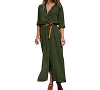 Generico Abito Camicia Donna Estivo - Vestiti Donna Estivi Lunghi con Maniche A Arrotolate Abito A Camicia Tinta Unita Casual Scollo A V Camicia Loose Vestito Denim Maxi Dress