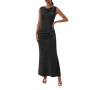 Generico Abito Cerimonia Donna Elegante Vestito Lungo in Raso Lucido Scollo Alto Maniche Lunghe Spacco Laterale Modello Aderente Vestito Elegante Donna